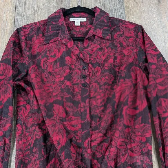 Coldwater Creek Top Womens Medium Petite Red Floral Button Up Long Sleeve - Picture 1 of 9